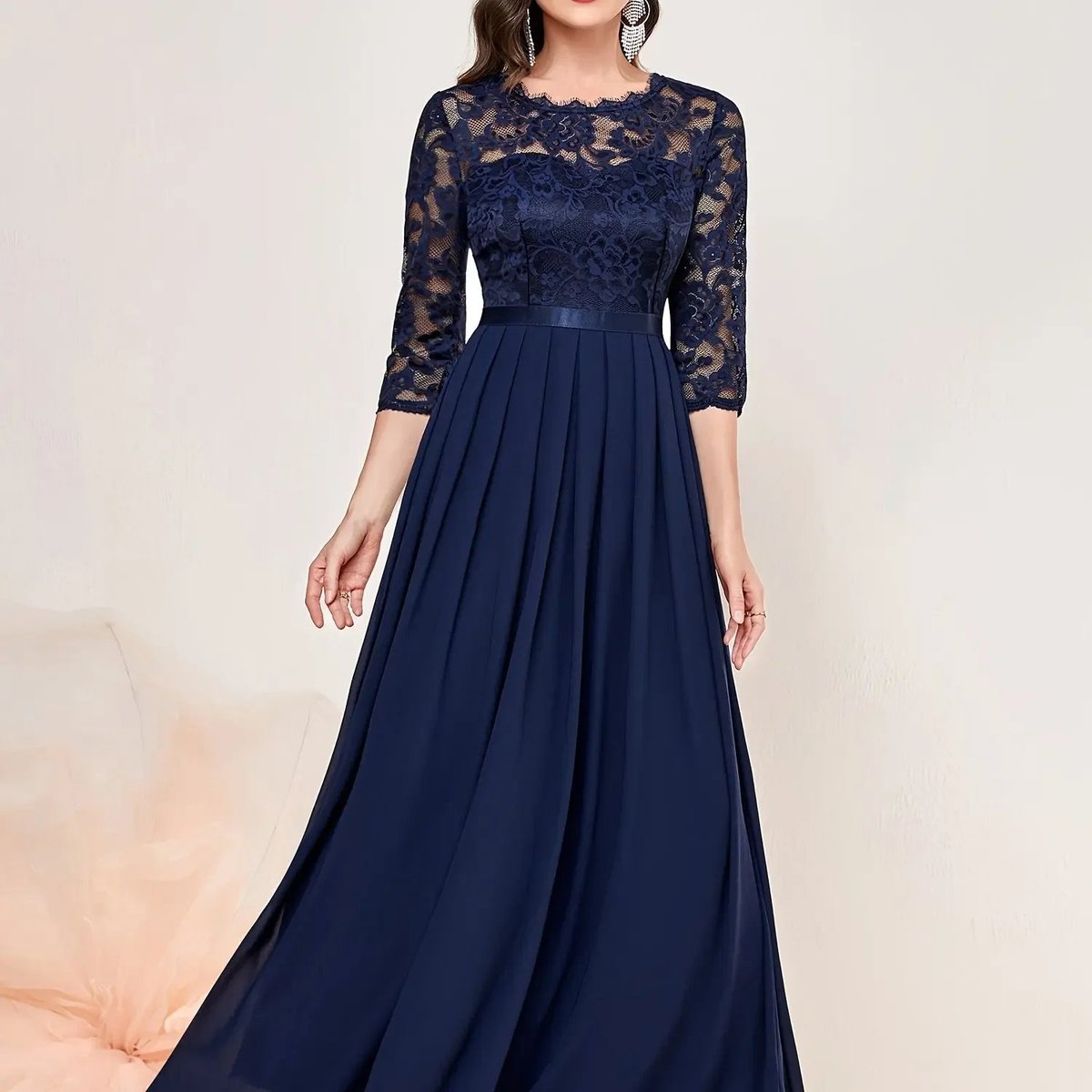 Women's Lace Bodice Pleated Maxi Formal Dresses 3/4 Sleeve A-Line Gown - Blue