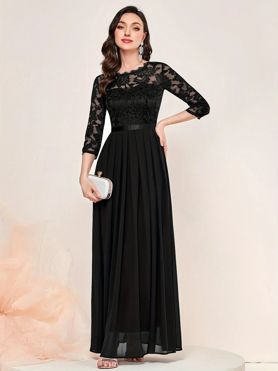Women's Lace Bodice Pleated Maxi Formal Dresses 3/4 Sleeve A-Line Gown - Black