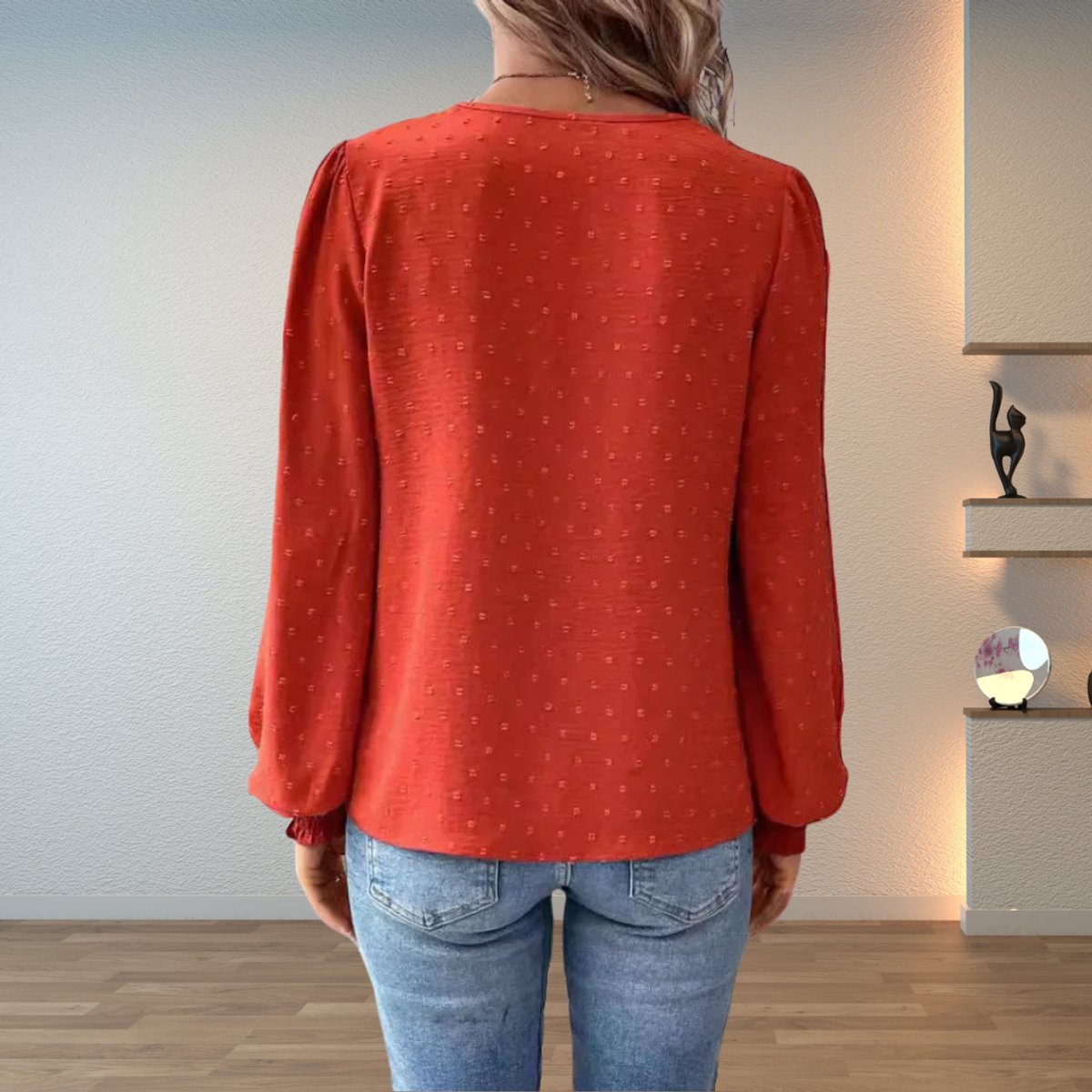 Women's Lace Bodice V-Neck Long Sleeve Dotted Blouse