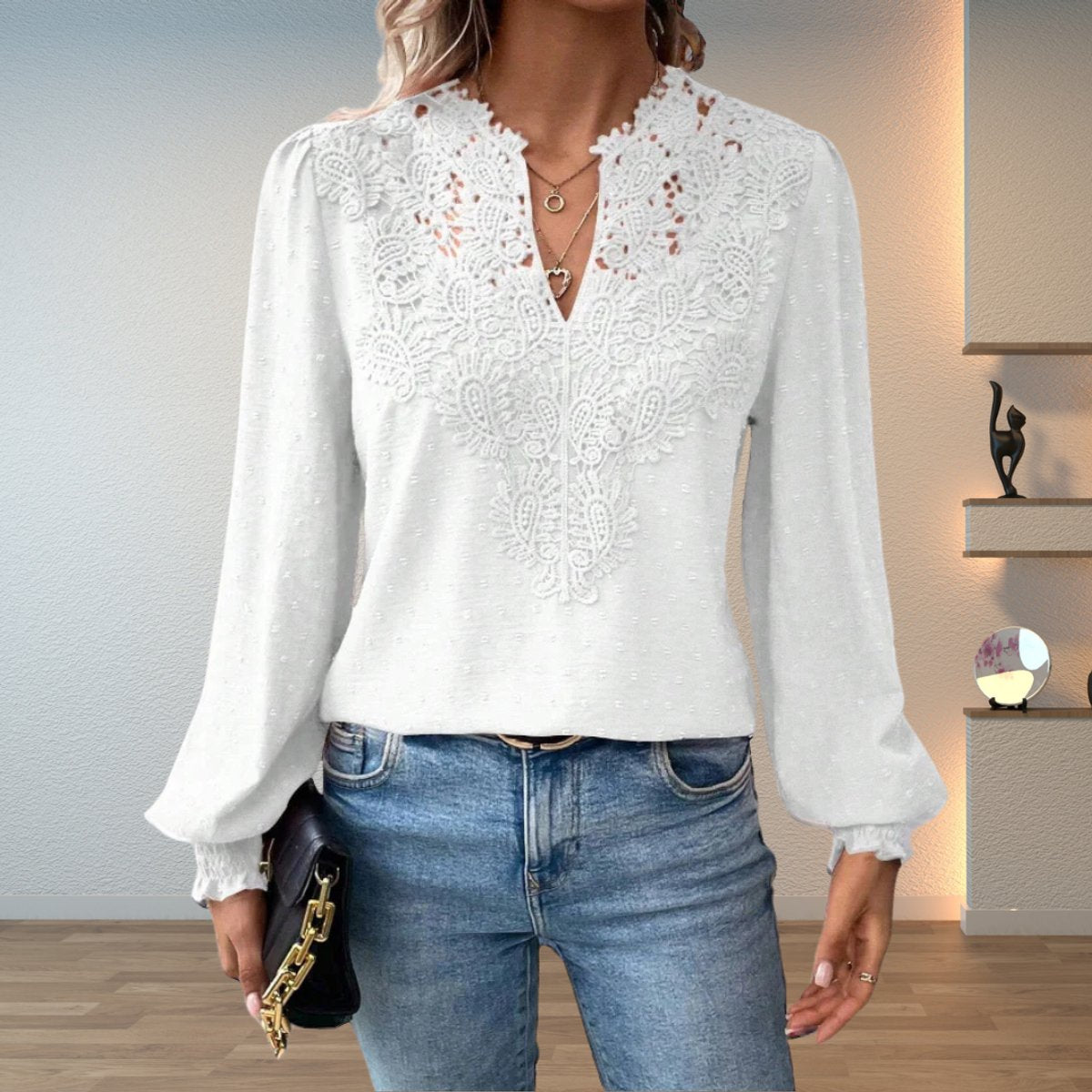 Women's Lace Bodice V-Neck Long Sleeve Dotted Blouse - White