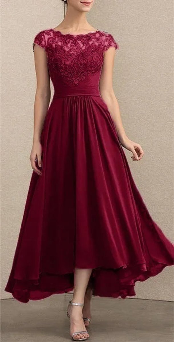 Women's Lace Chiffon A-Line Formal Dresses Cap Sleeve Maxi Gown - Burgundy