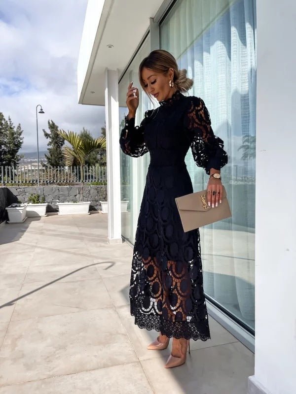 Women's Lace Crochet Long Sleeve Midi Evening Dress - Black