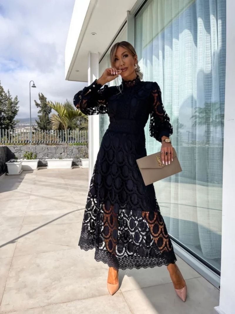 Women's Lace Crochet Long Sleeve Midi Evening Dress