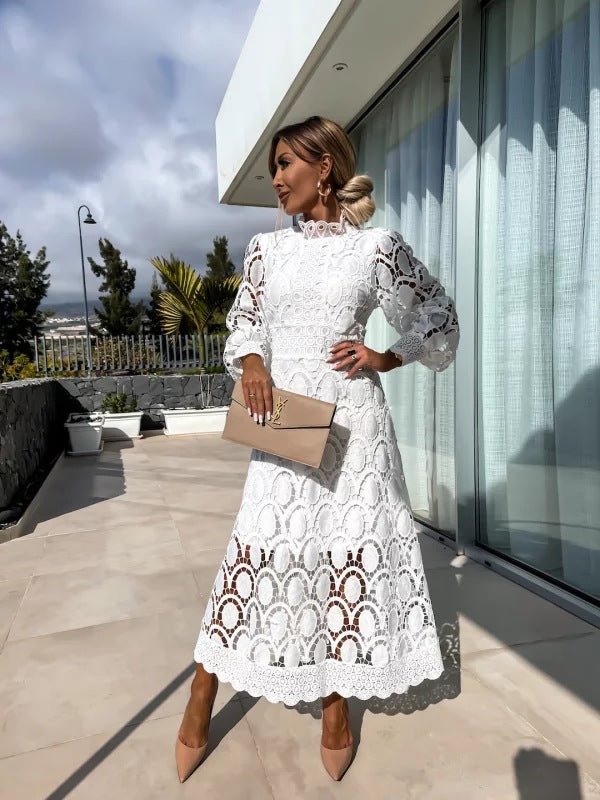 Women's Lace Crochet Long Sleeve Midi Evening Dress - White