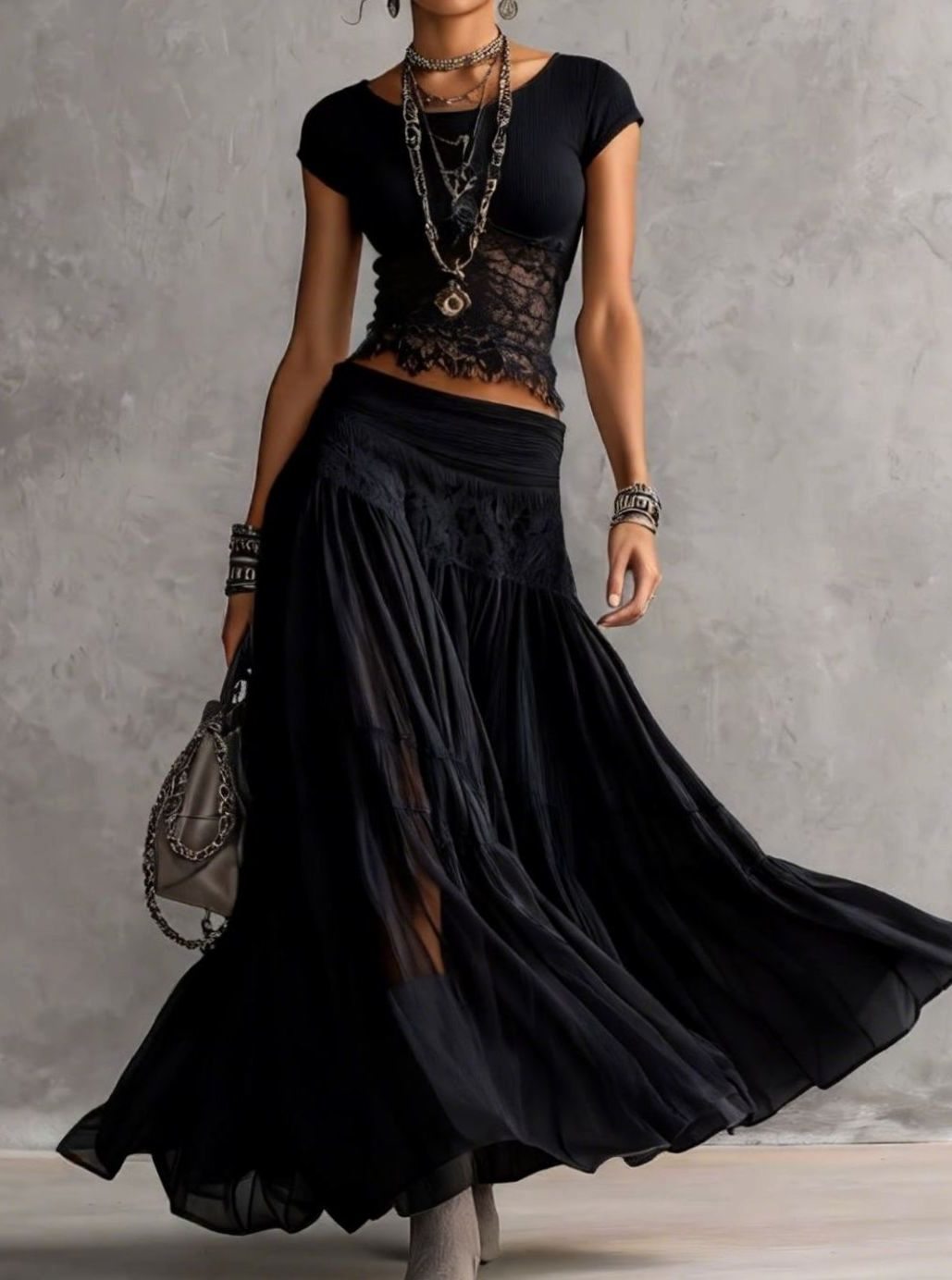 Women's Lace-Panelled Chiffon Crop Top Pleated Maxi Skirt Two Piece Set - Black