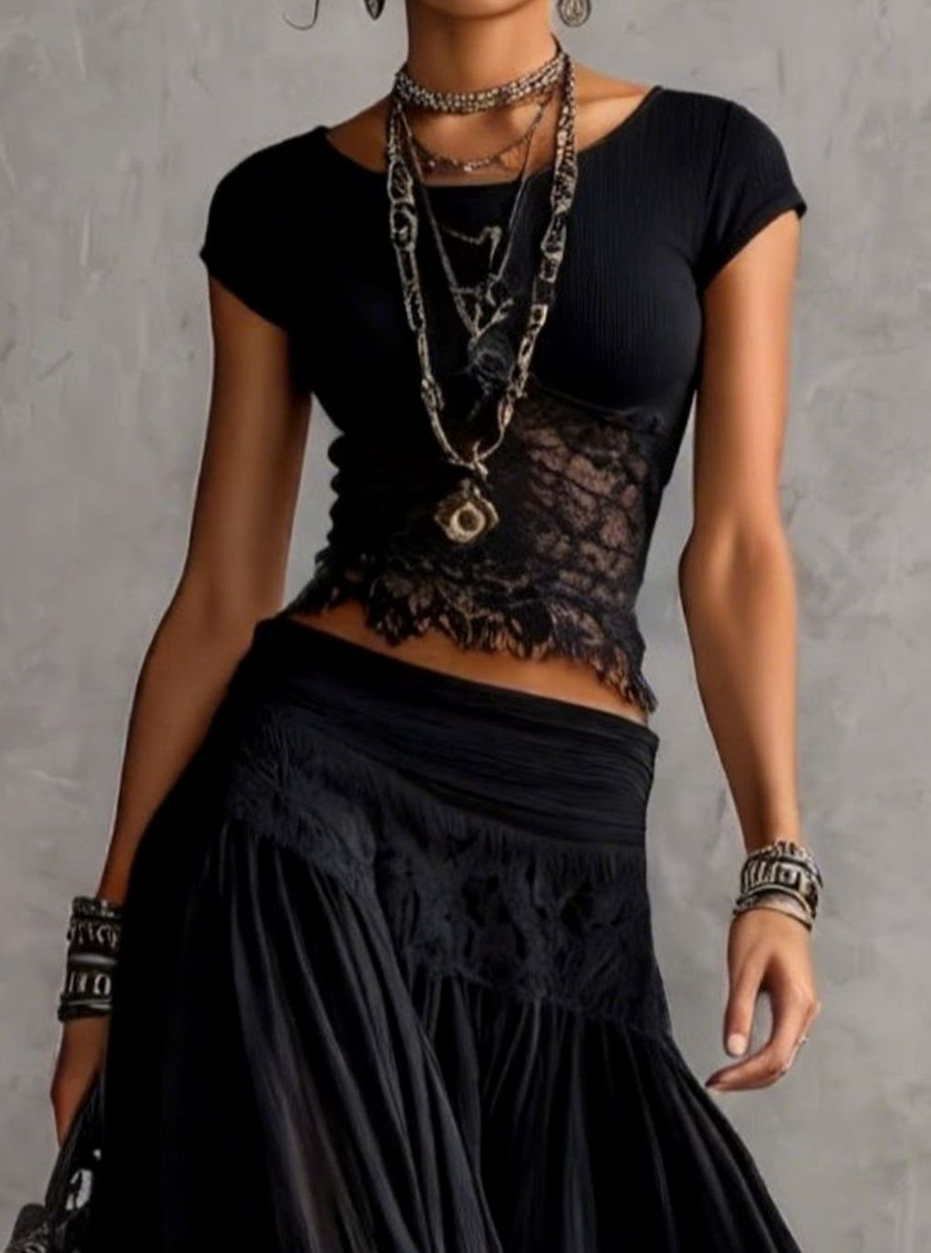 Women's Lace-Panelled Chiffon Crop Top Pleated Maxi Skirt Two Piece Set