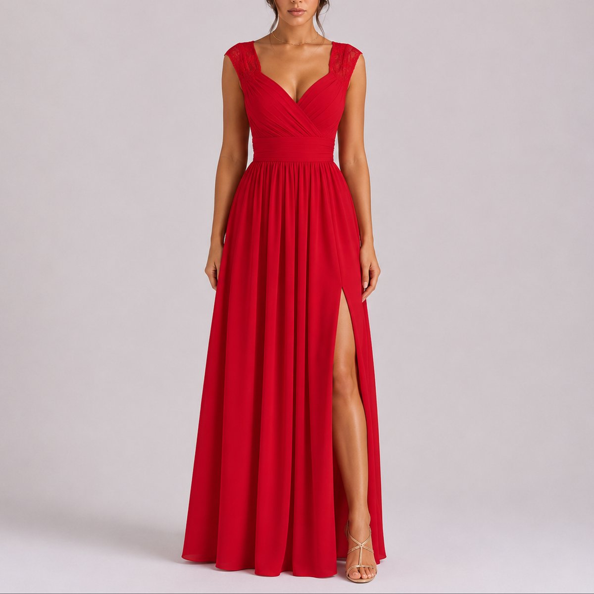 Women's Lace-Shoulder V-Neck Chiffon Maxi Dress Side Slit - Red