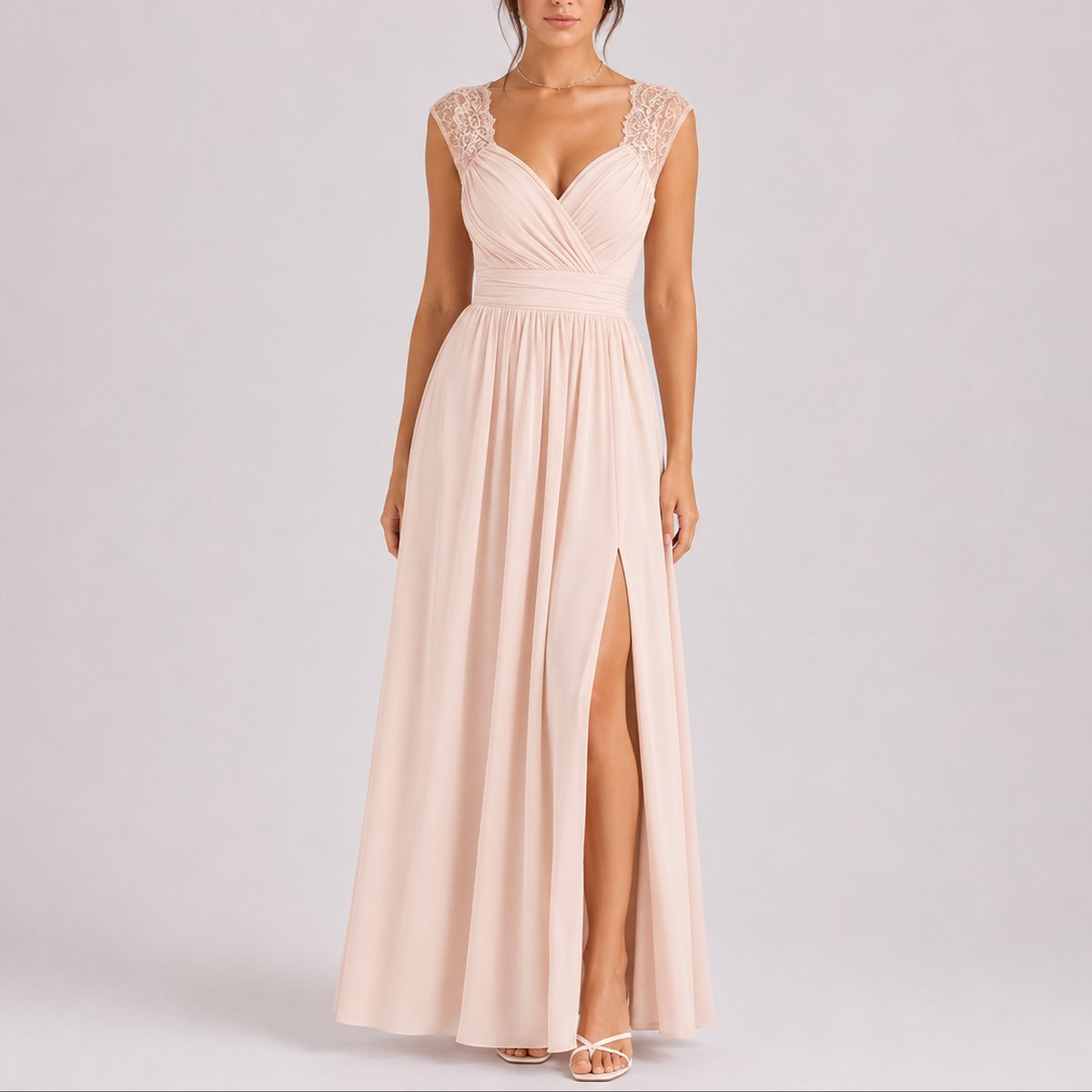 Women's Lace-Shoulder V-Neck Chiffon Maxi Dress Side Slit - Beige