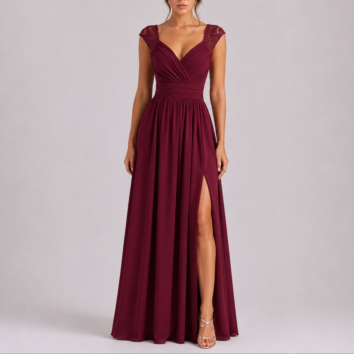 Women's Lace-Shoulder V-Neck Chiffon Maxi Dress Side Slit - Red Carpet
