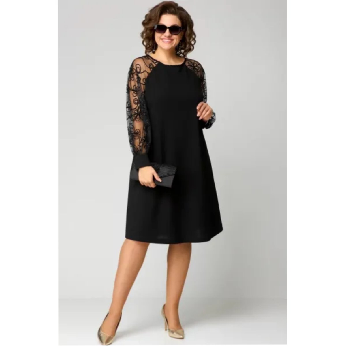 Women's Lace-Sleeve A-Line Knee-Length Formal Dress
