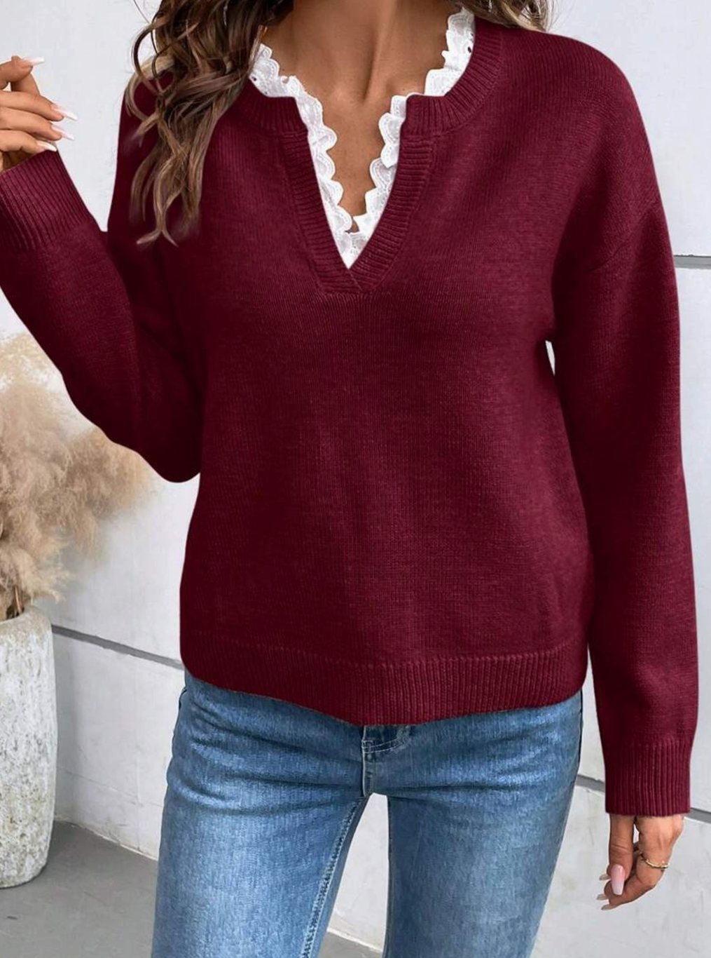 Women's Lace-Trim V-Neck Long Sleeve Knit Jumper - Red
