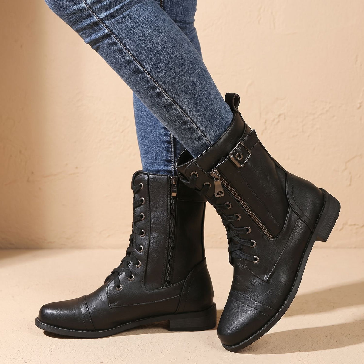 Women's Lace-Up Faux Leather Combat Mid Boots - Black