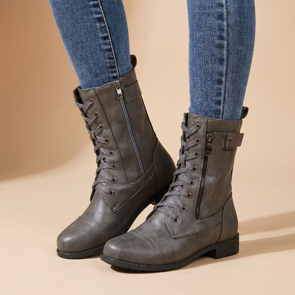 Women's Lace-Up Faux Leather Combat Mid Boots - Grey