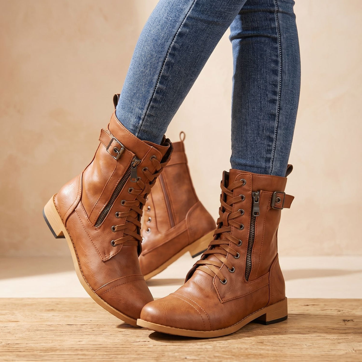 Women's Lace-Up Faux Leather Combat Mid Boots