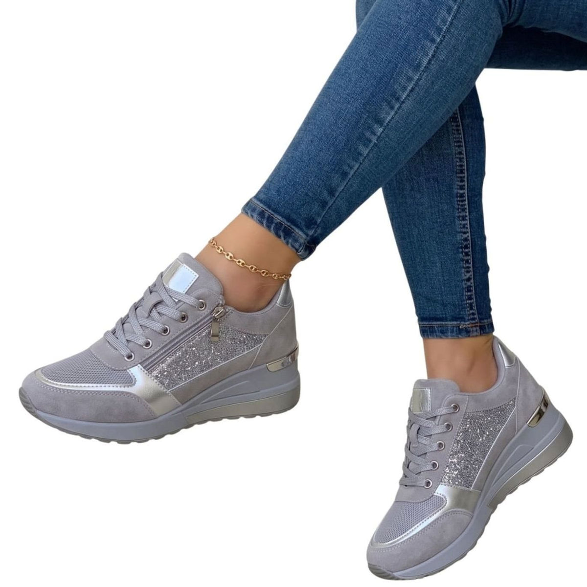 Women's Lace-Up Side-Zip Comfort Platform Sneakers, Blue - Gray