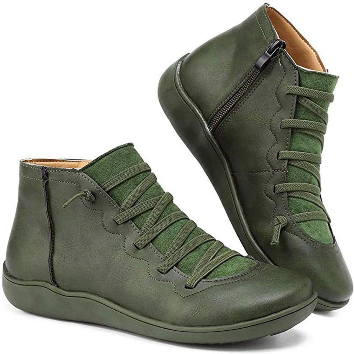 Women's Lace-Up Side-Zip Flat Leather Ankle Boots - Green