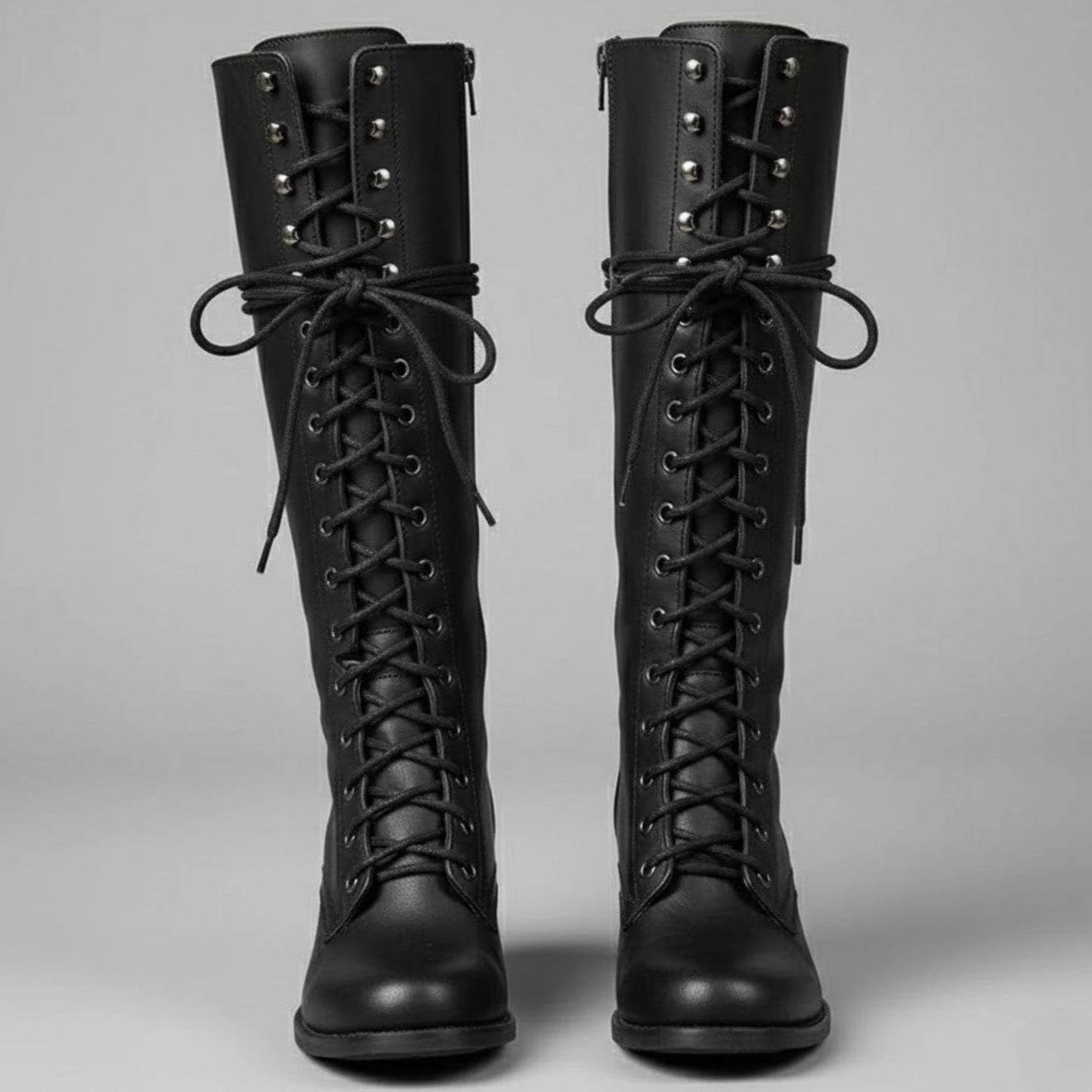 Women's Lace-Up Studded Block-Heel Knee-High Boots - Black