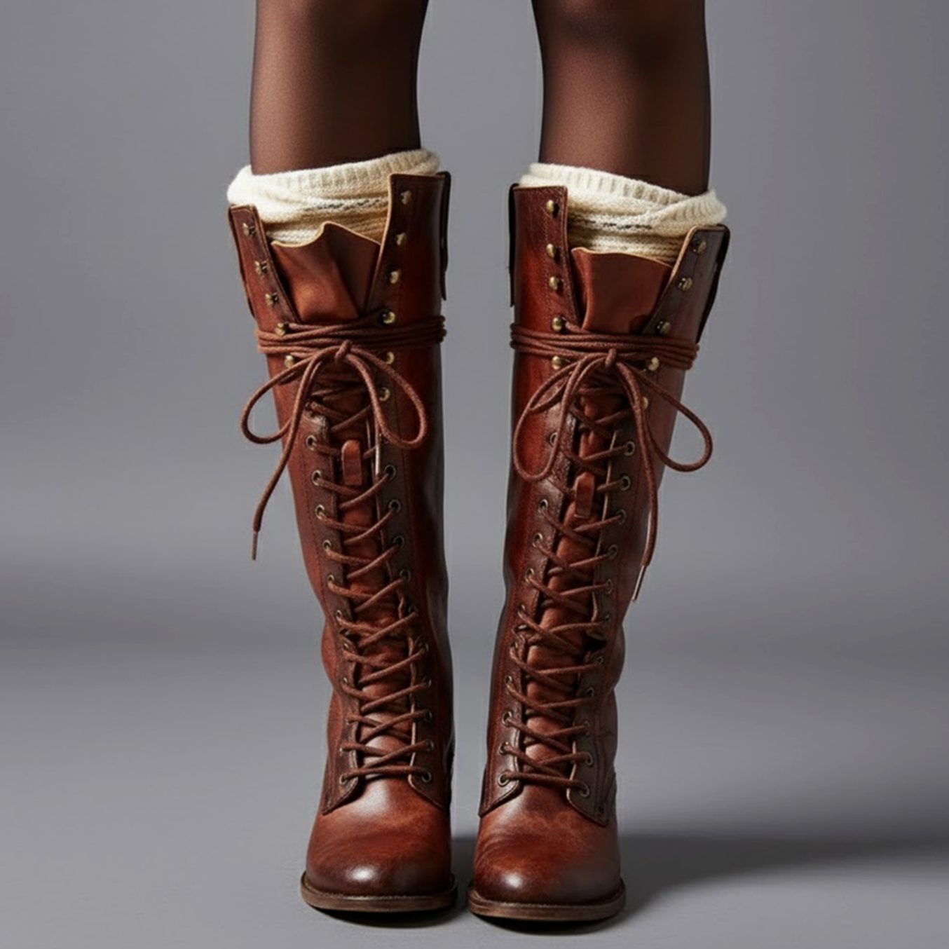Women's Lace-Up Studded Block-Heel Knee-High Boots - Red Brown