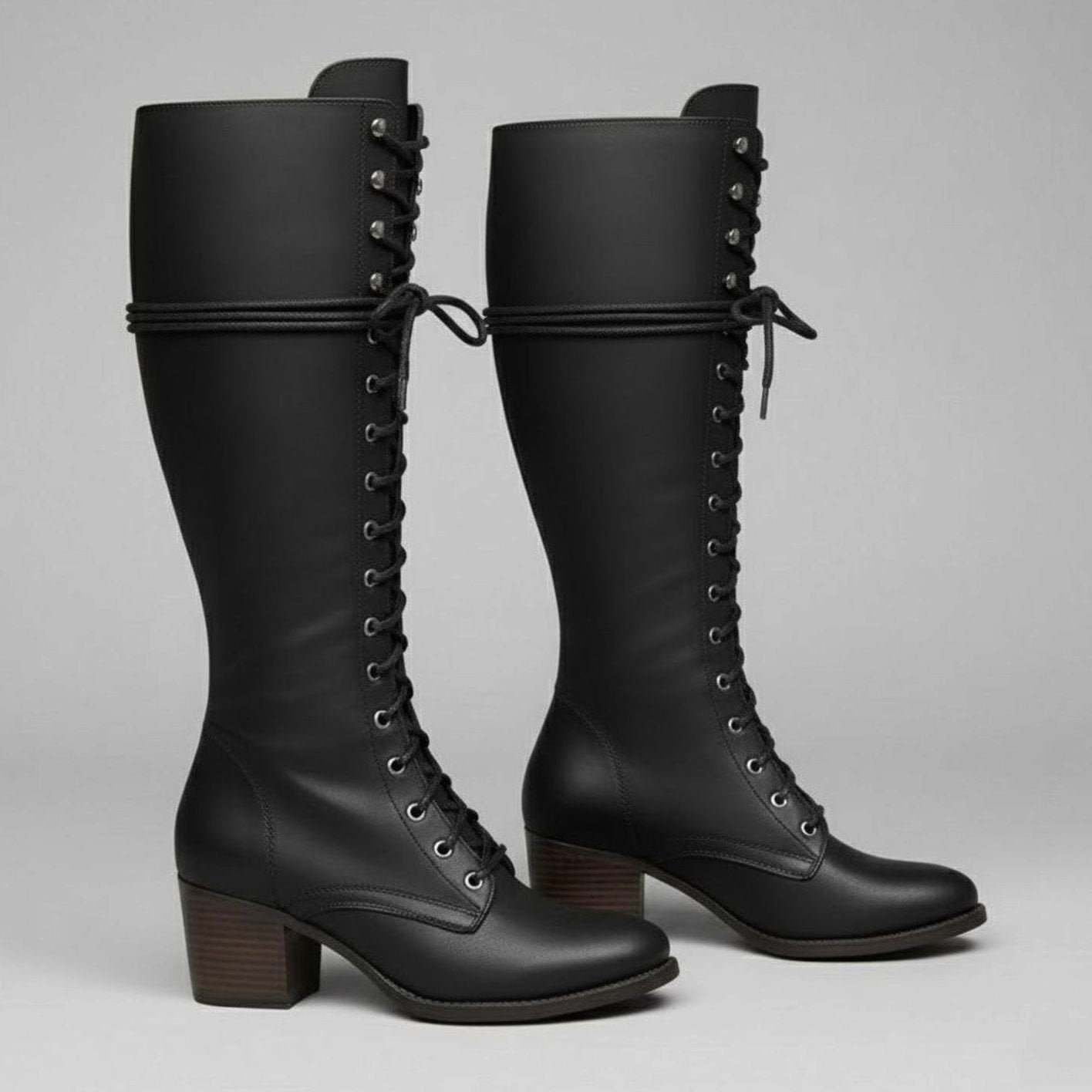 Women's Lace-Up Studded Block-Heel Knee-High Boots