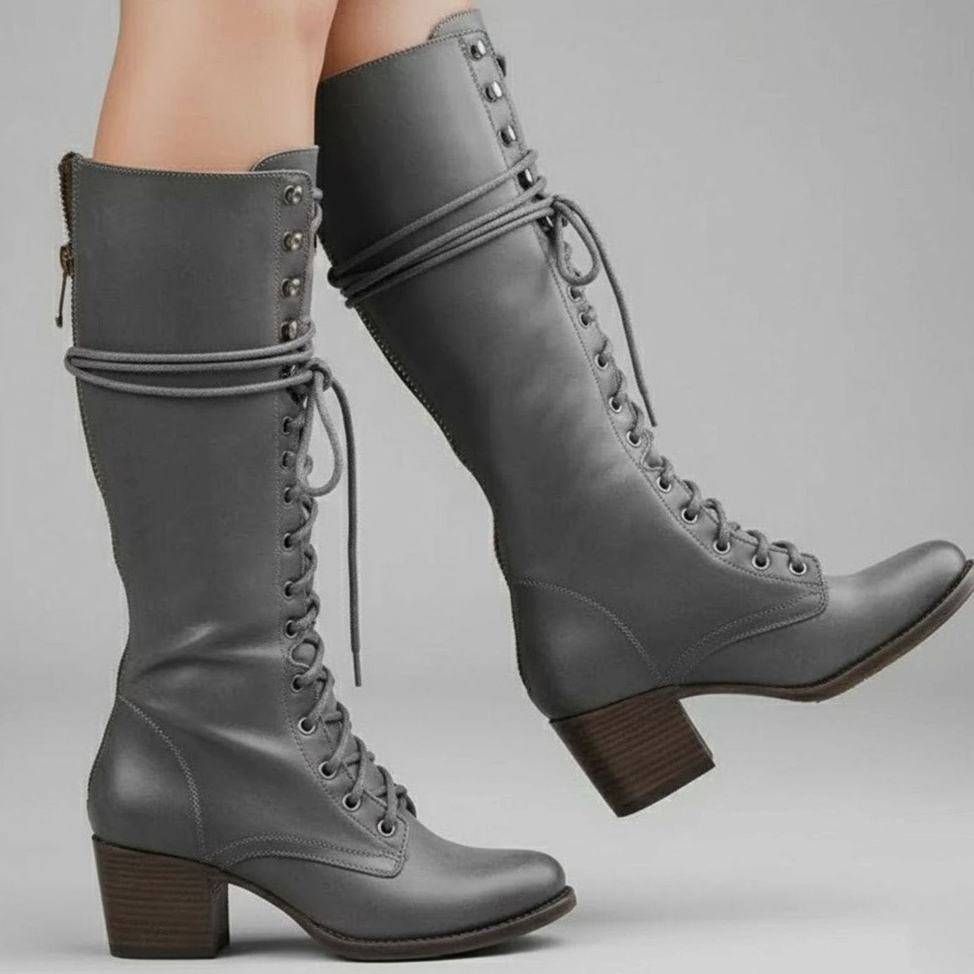 Women's Lace-Up Studded Block-Heel Knee-High Boots - Grey