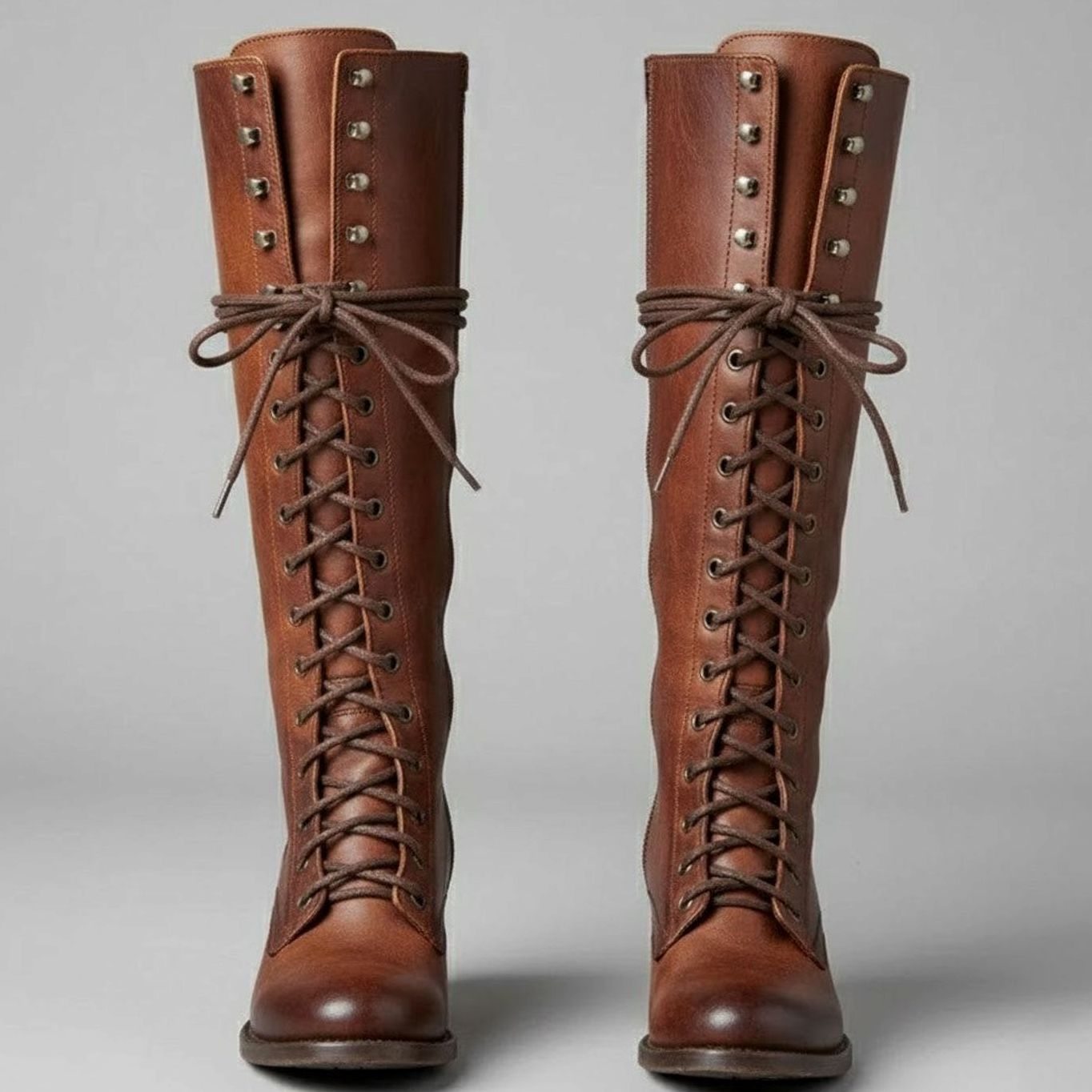 Women's Lace-Up Studded Block-Heel Knee-High Boots - Brown