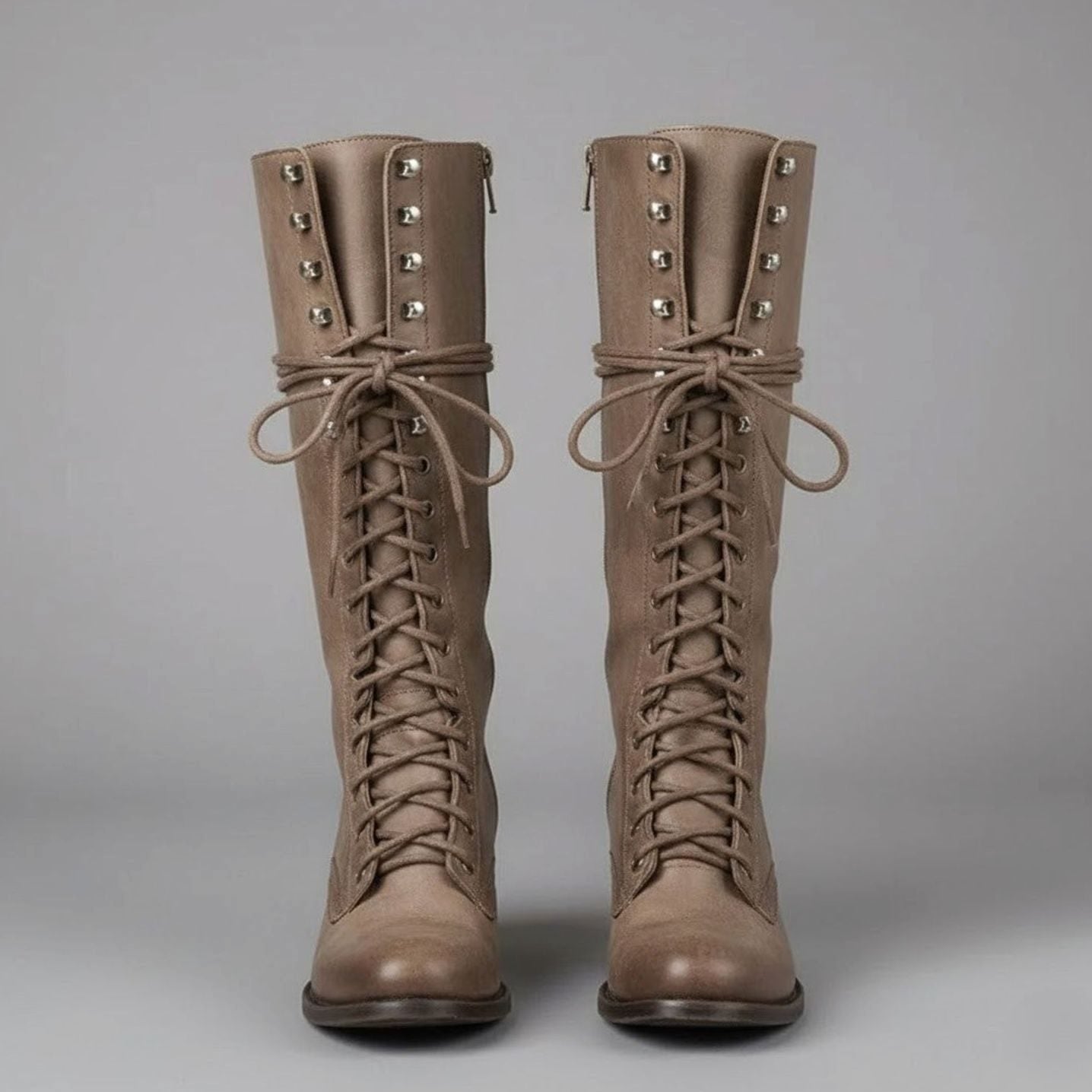 Women's Lace-Up Studded Block-Heel Knee-High Boots - Khaki