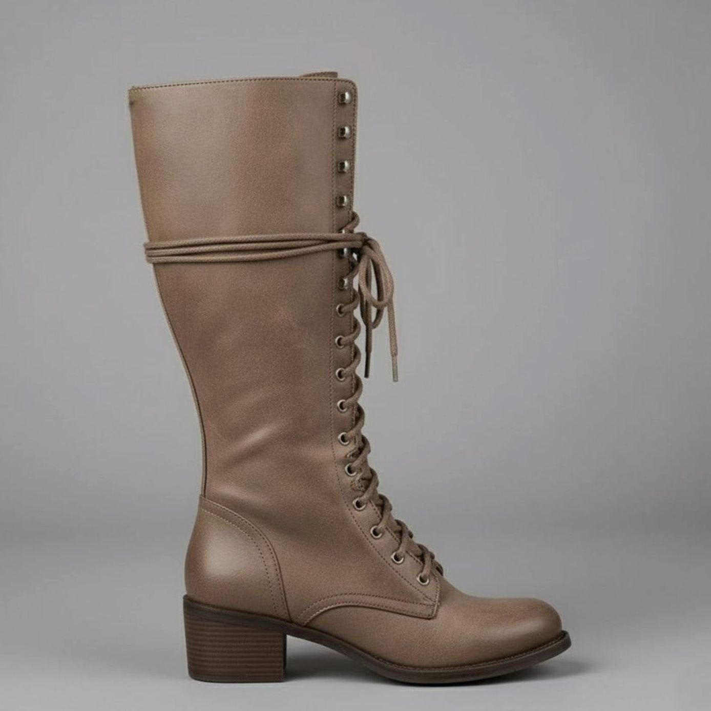 Women's Lace-Up Studded Block-Heel Knee-High Boots