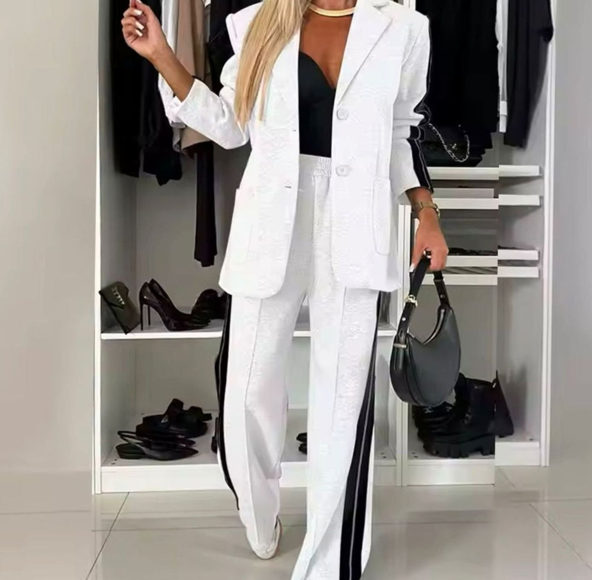 Women's Ladies Blazer Suit Side-Stripe Wide-Leg Trouser Co-ord Set