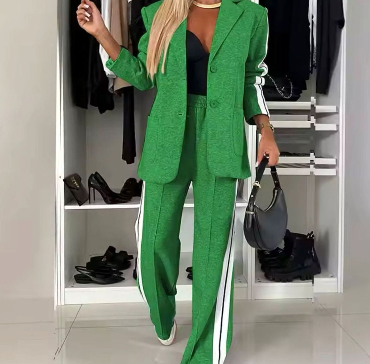 Women's Ladies Blazer Suit Side-Stripe Wide-Leg Trouser Co-ord Set