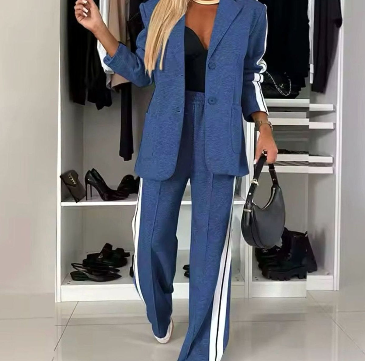 Women's Ladies Blazer Suit Side-Stripe Wide-Leg Trouser Co-ord Set