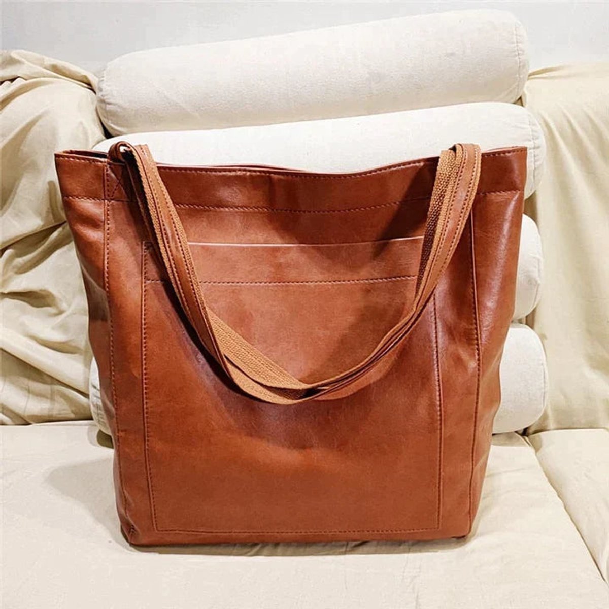 Women's Large Leather Shoulder Tote Bag Tan Brown