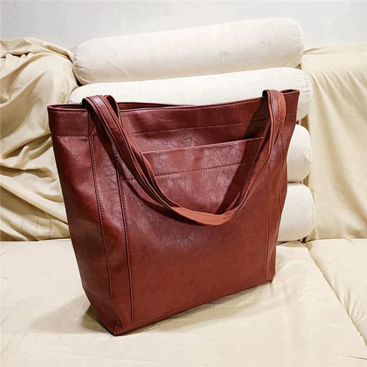 Women's Large Leather Shoulder Tote Bag Tan Brown - Rot