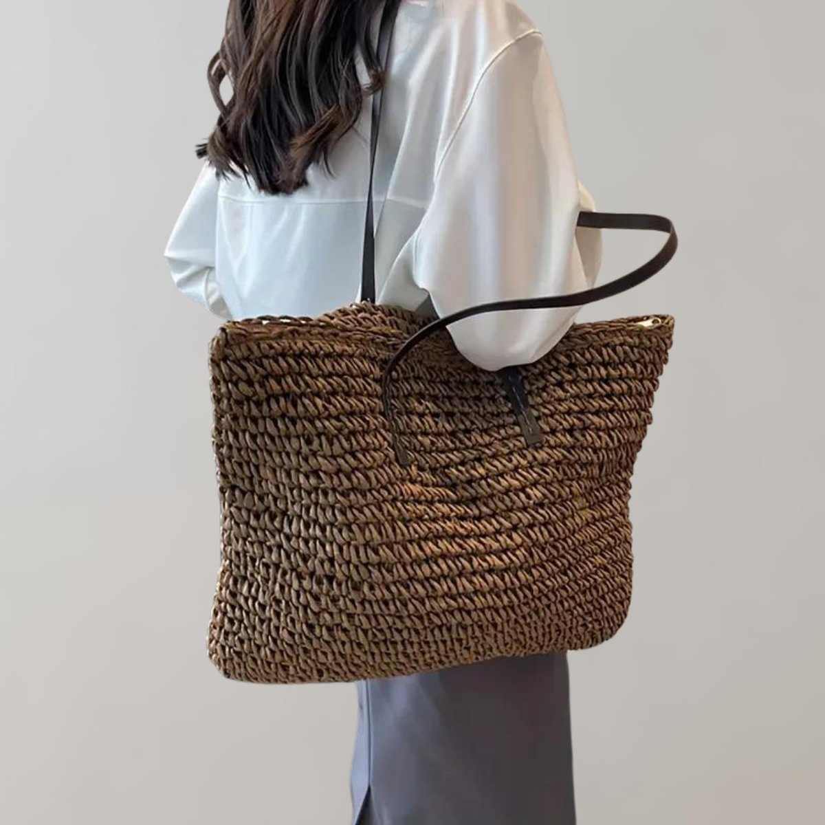 Women's Large Woven Raffia Bohemian Shoulder Tote Bag - Kaffee