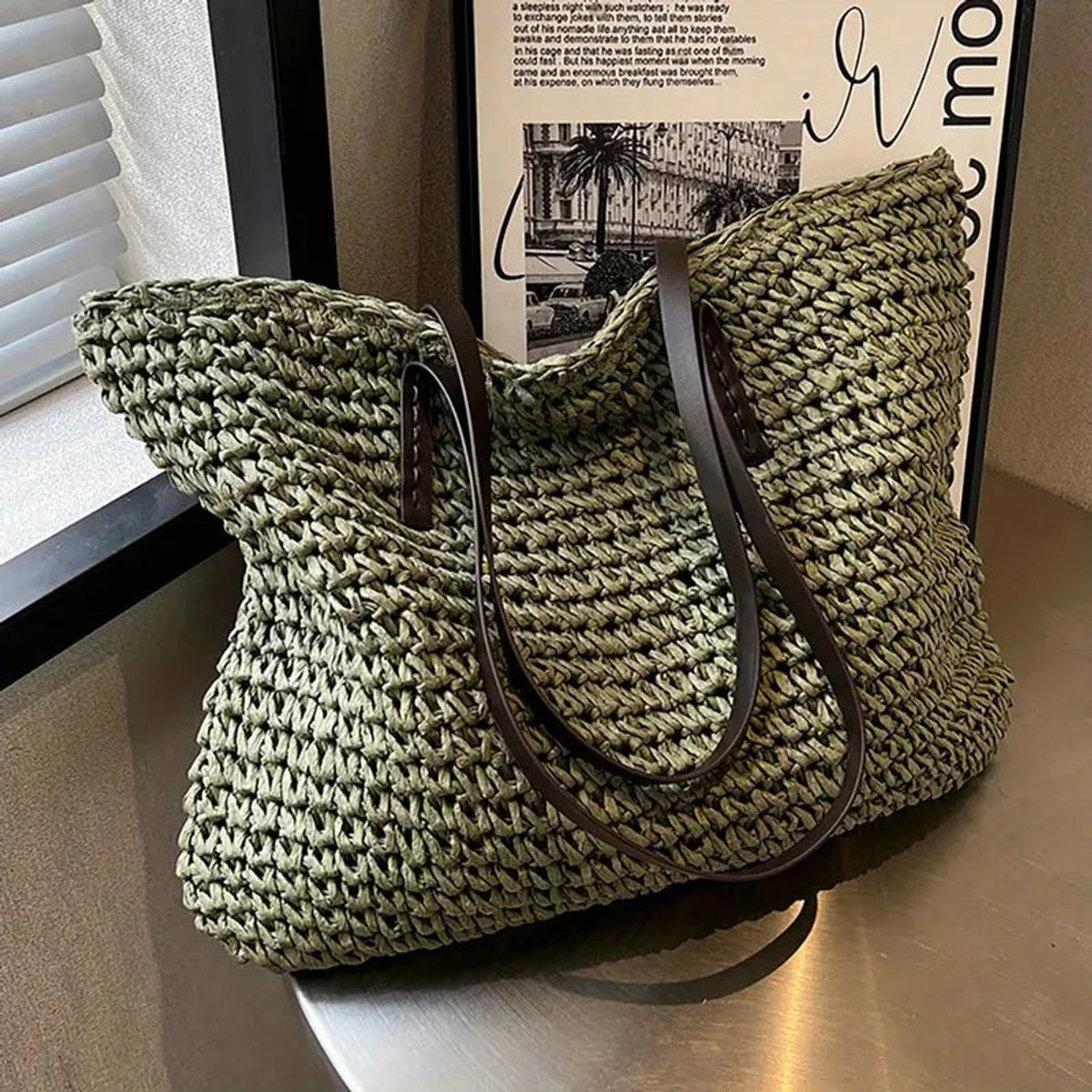 Women's Large Woven Raffia Bohemian Shoulder Tote Bag