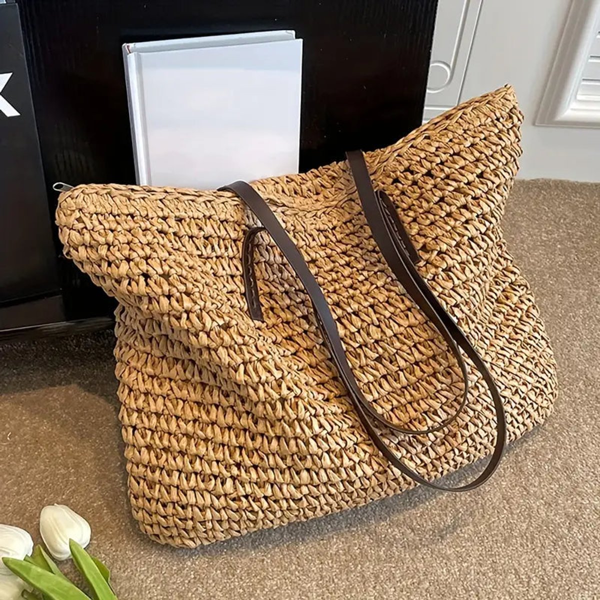 Women's Large Woven Raffia Bohemian Shoulder Tote Bag