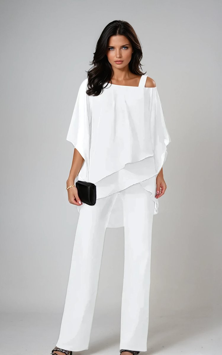 Women's Layered Chiffon Wide-Leg Trouser Two-Piece Set - White