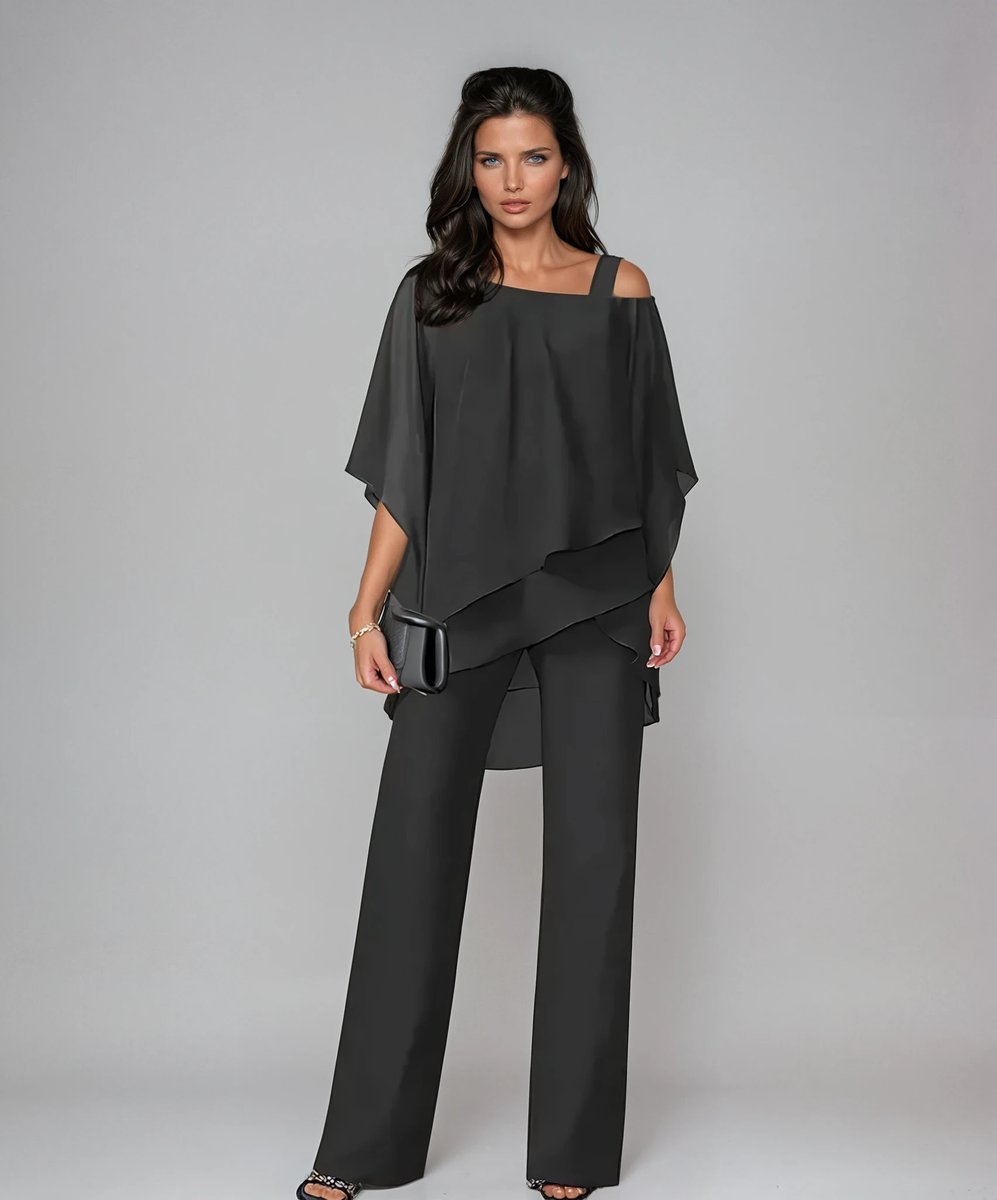 Women's Layered Chiffon Wide-Leg Trouser Two-Piece Set - Black