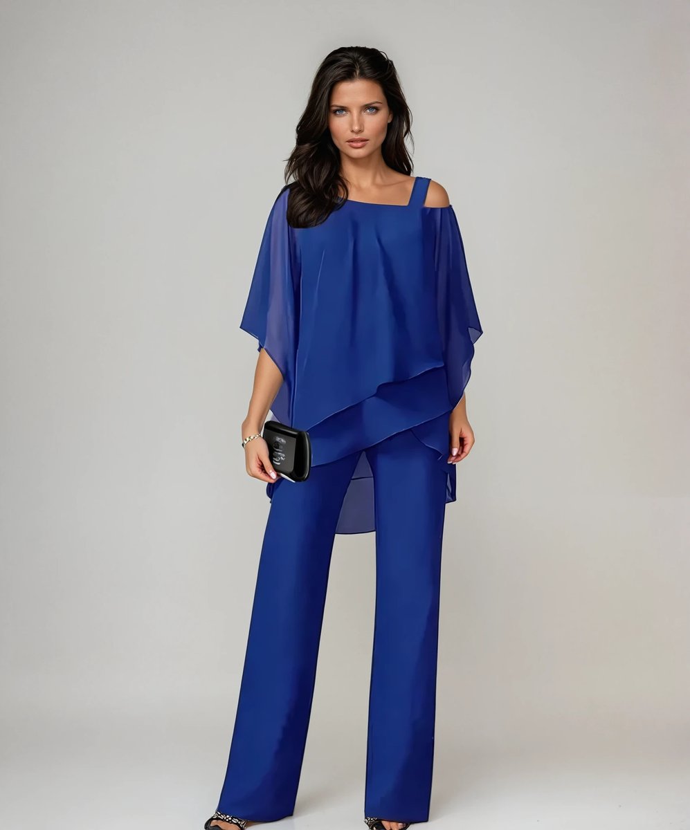 Women's Layered Chiffon Wide-Leg Trouser Two-Piece Set - Blue