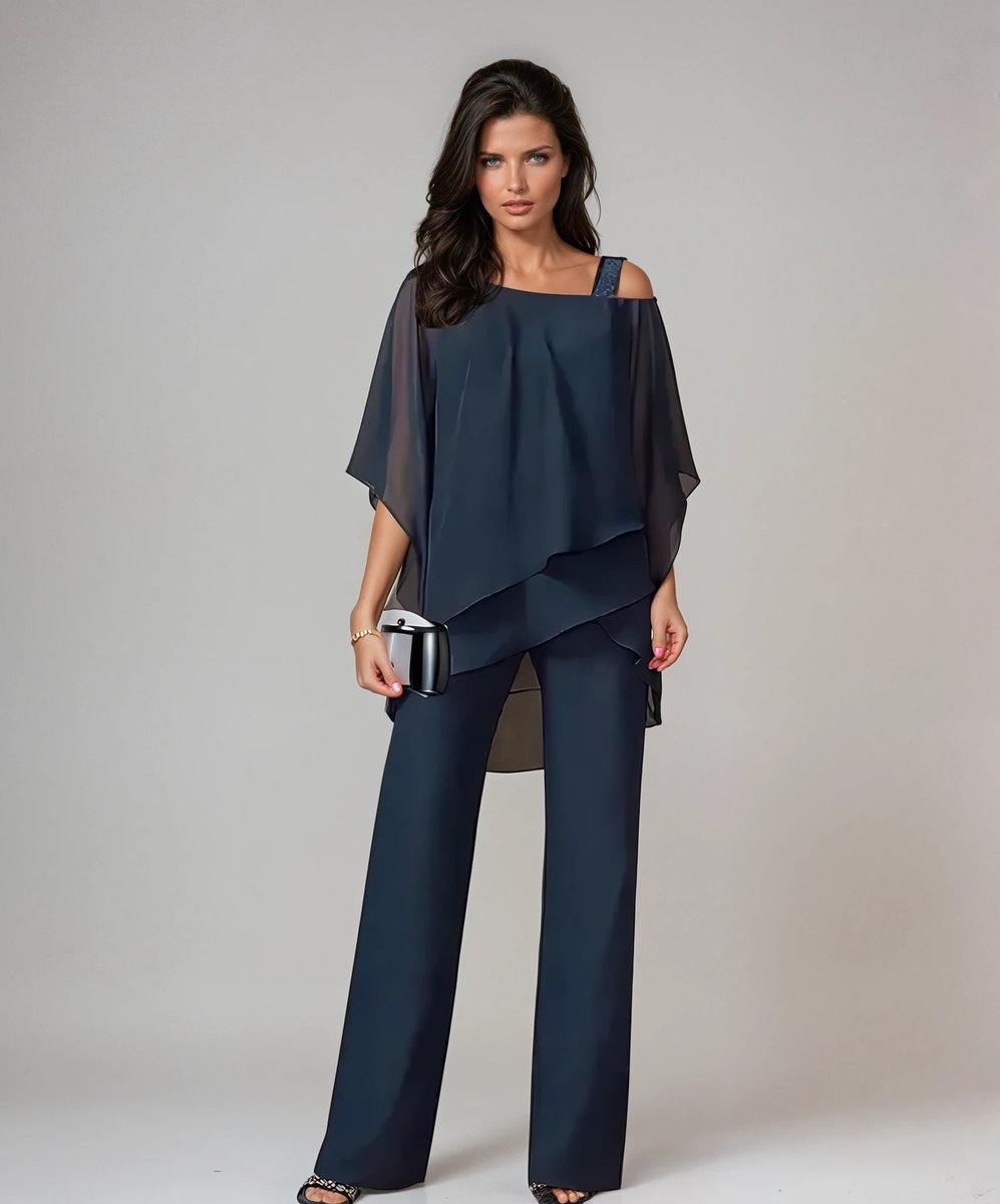Women's Layered Chiffon Wide-Leg Trouser Two-Piece Set - Navy Blue
