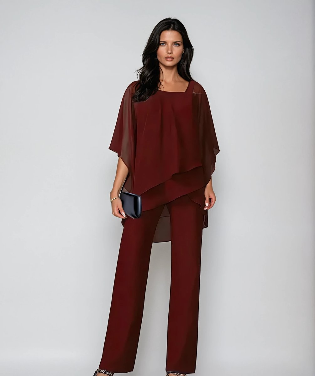 Women's Layered Chiffon Wide-Leg Trouser Two-Piece Set - Red