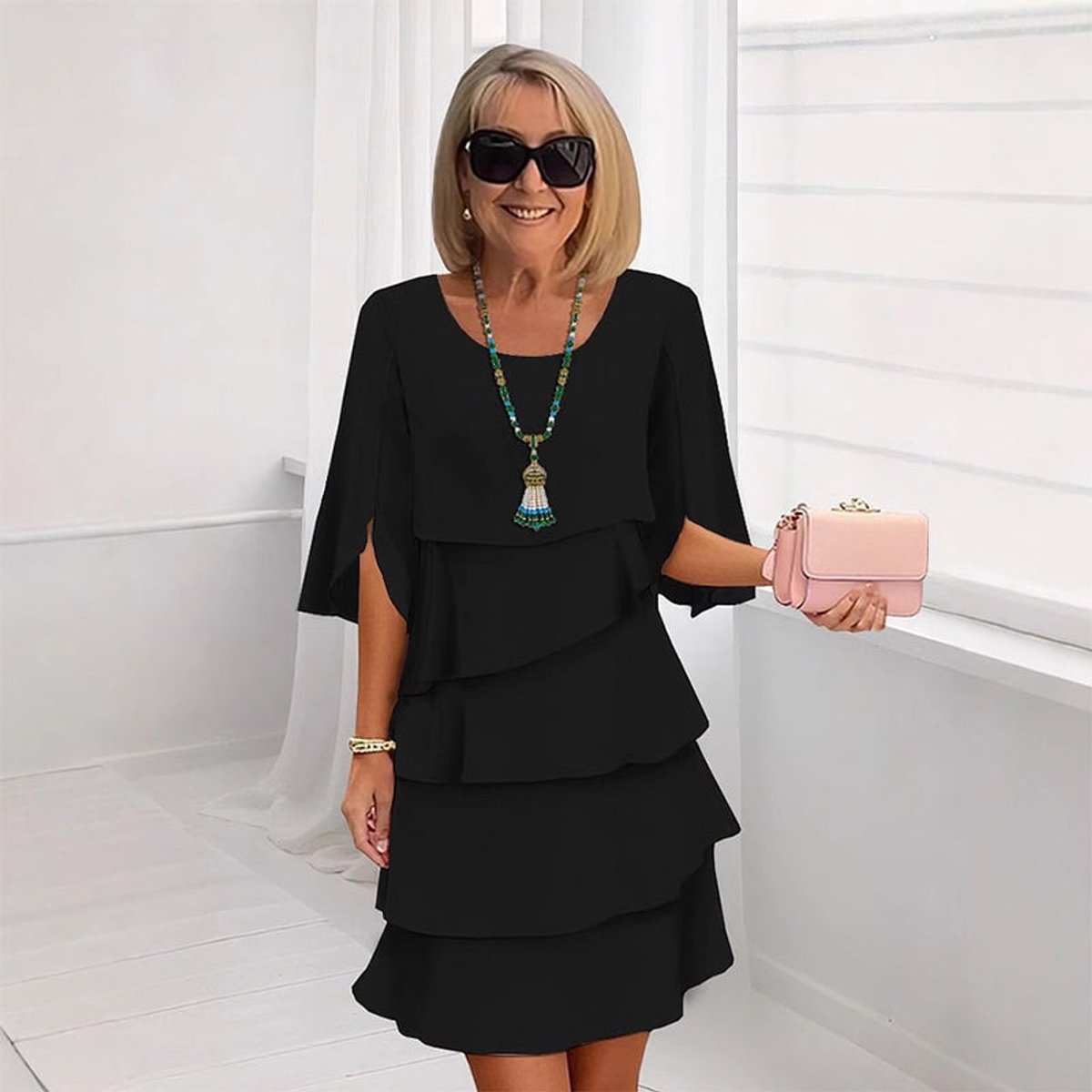 Women's Layered Ruffle Flared Sleeve Midi Dress - Black