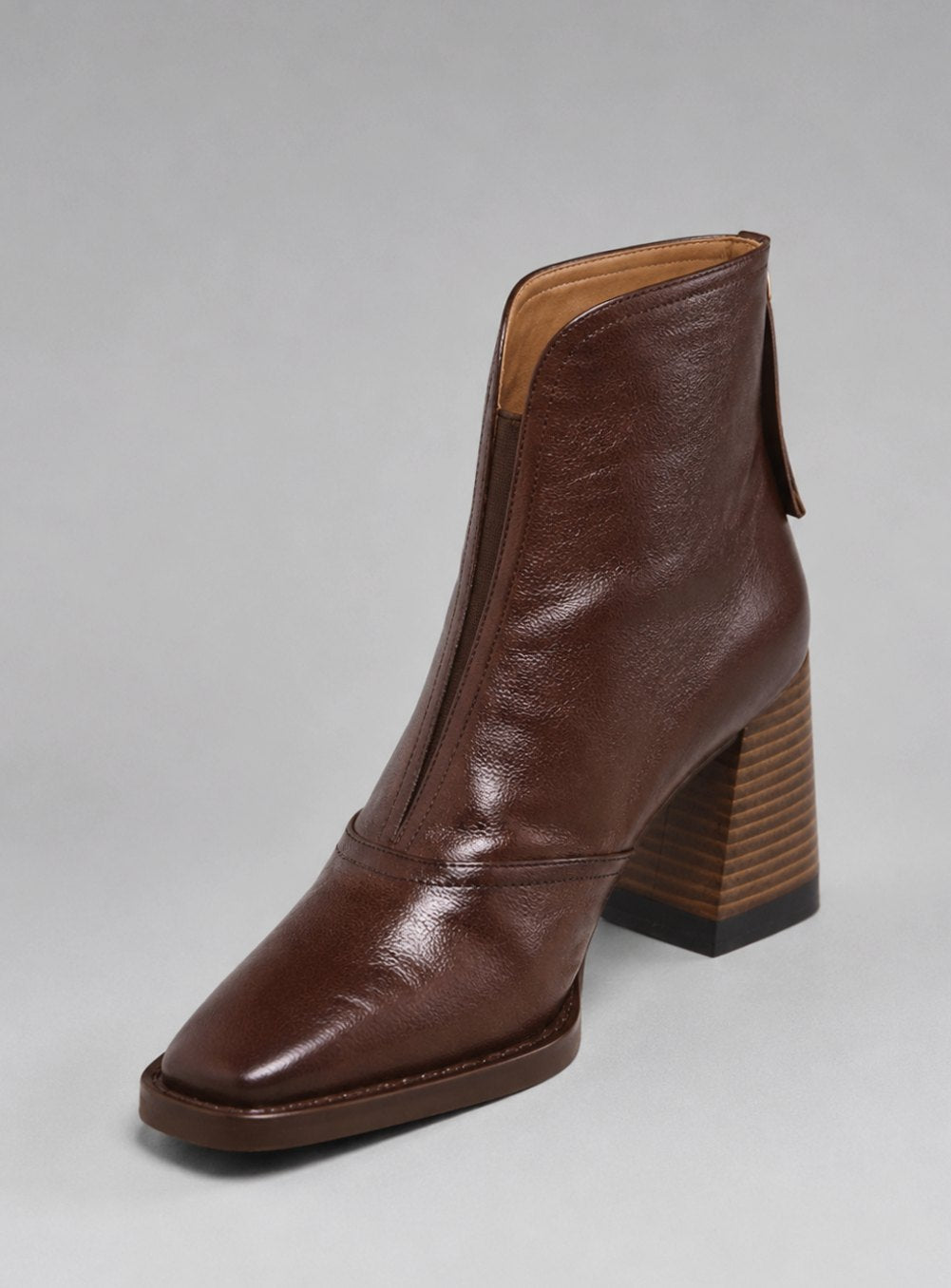 Women's Leather Block Heel Ankle Boots Square Toe - Brown