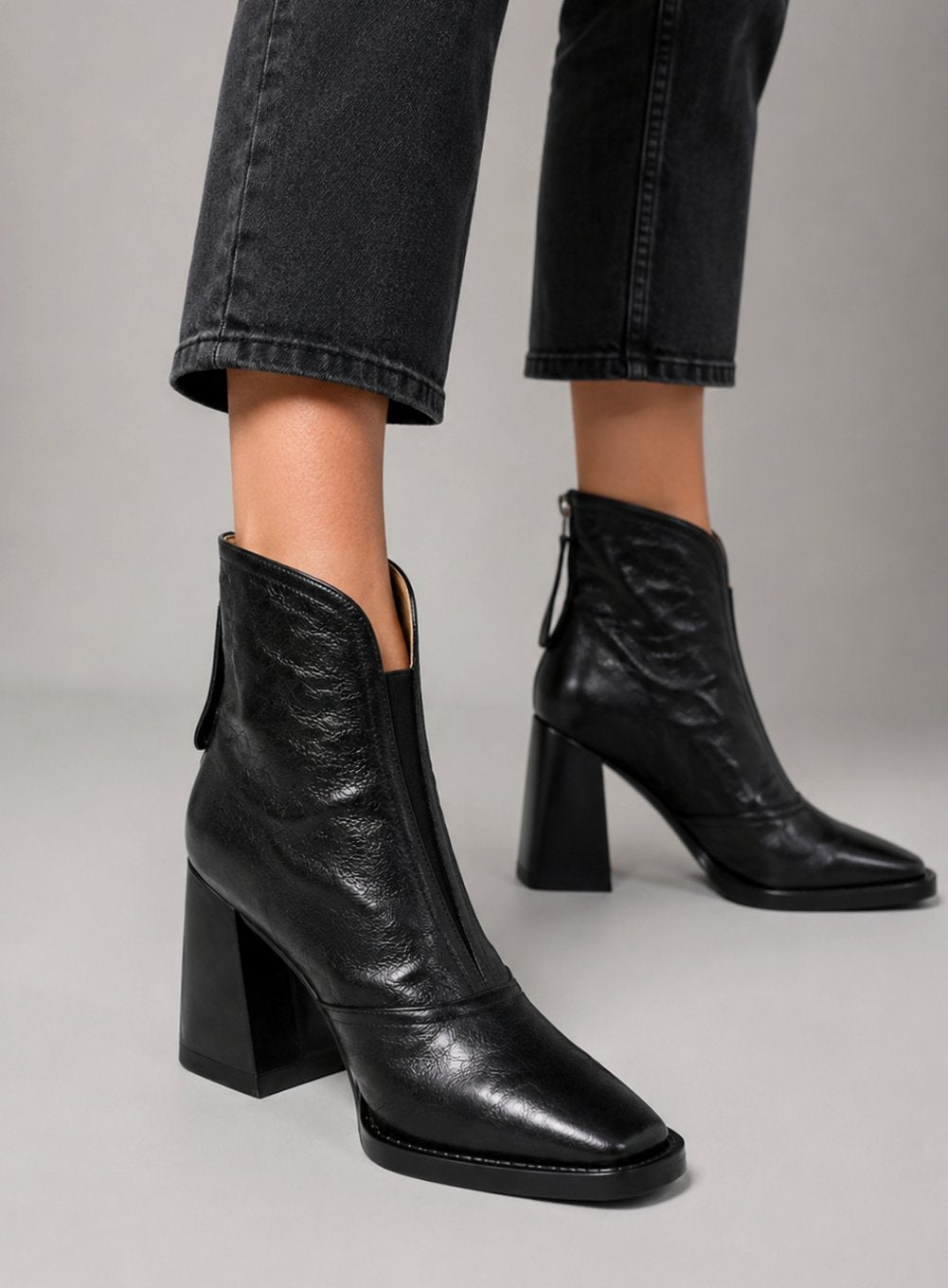Women's Leather Block Heel Ankle Boots Square Toe