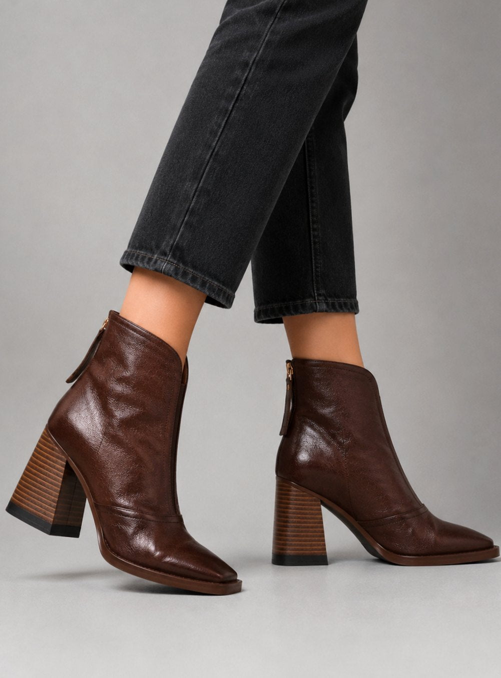 Women's Leather Block Heel Ankle Boots Square Toe