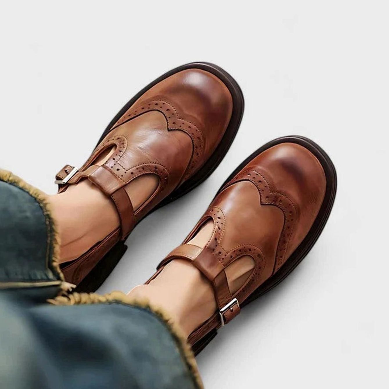 Women's Leather Brogue T-Strap Classic Boots