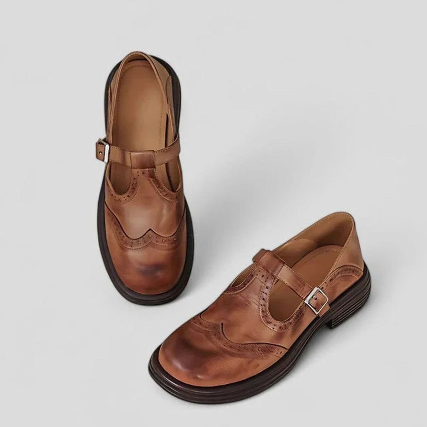 Women's Leather Brogue T-Strap Classic Boots