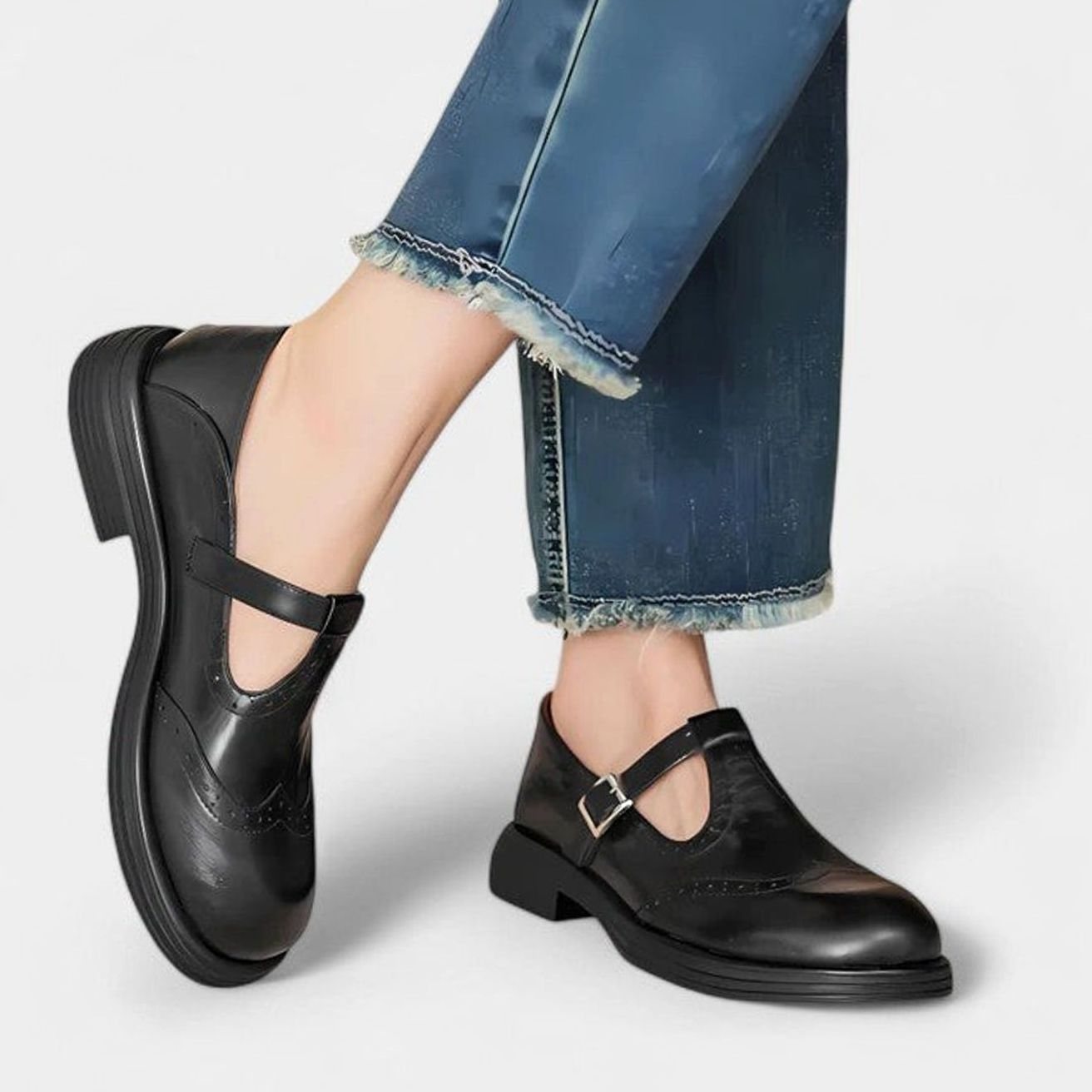 Women's Leather Brogue T-Strap Shoes Buckle Flat - Black