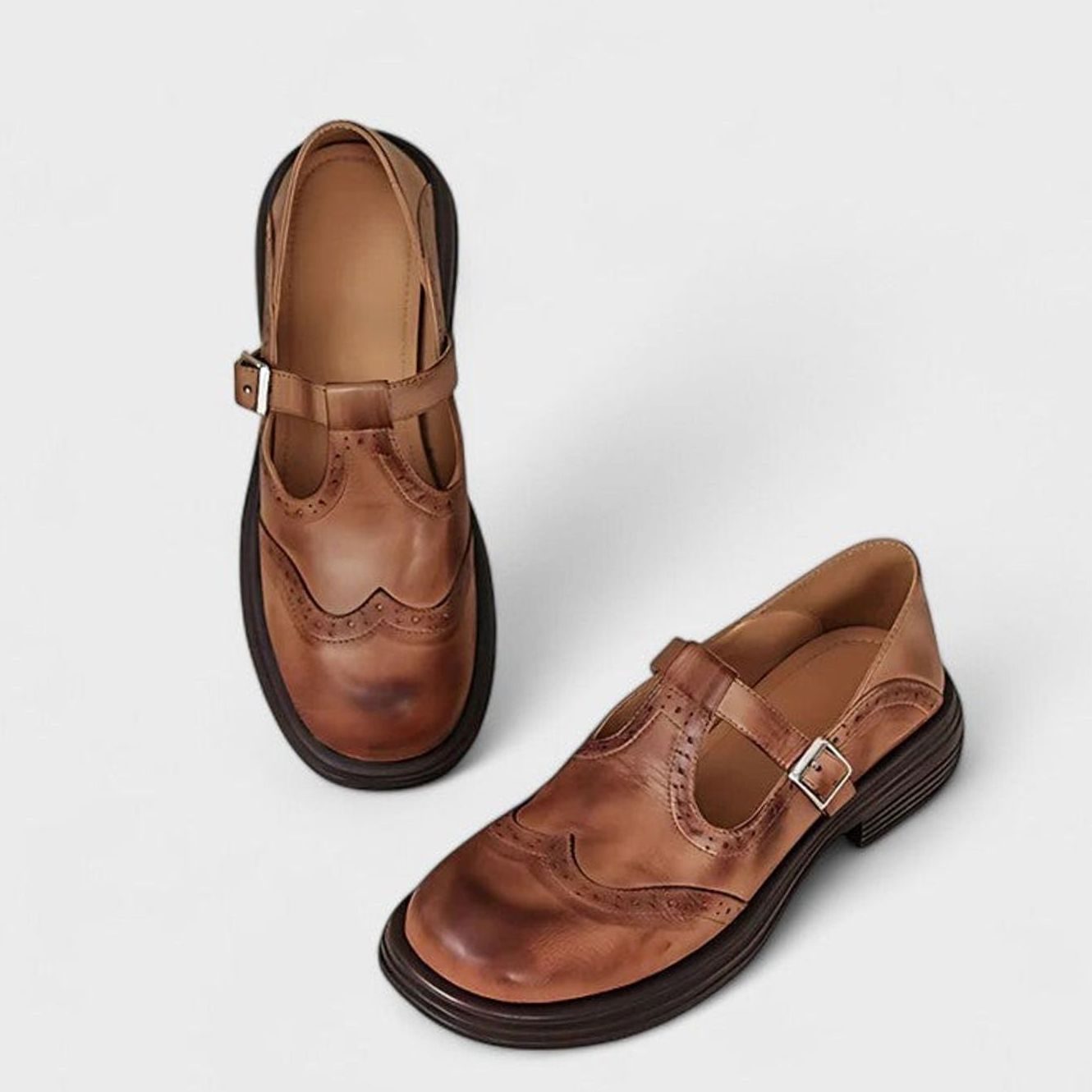 Women's Leather Brogue T-Strap Shoes Buckle Flat