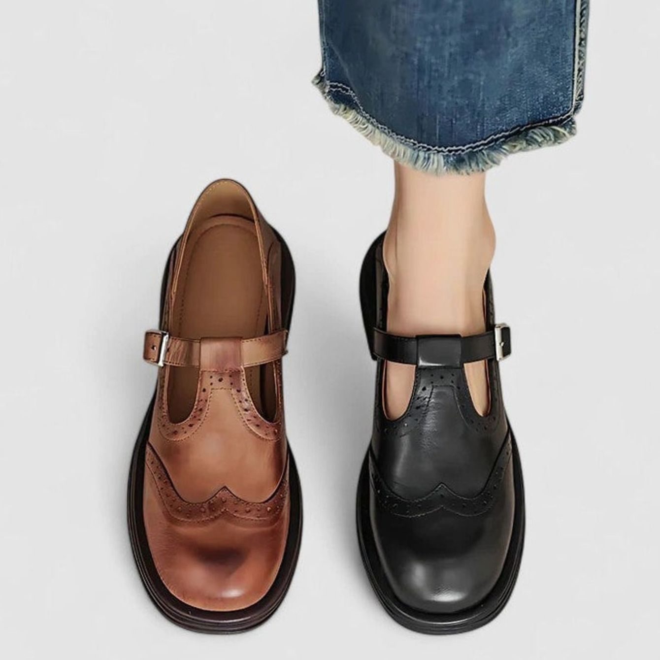 Women's Leather Brogue T-Strap Shoes Buckle Flat