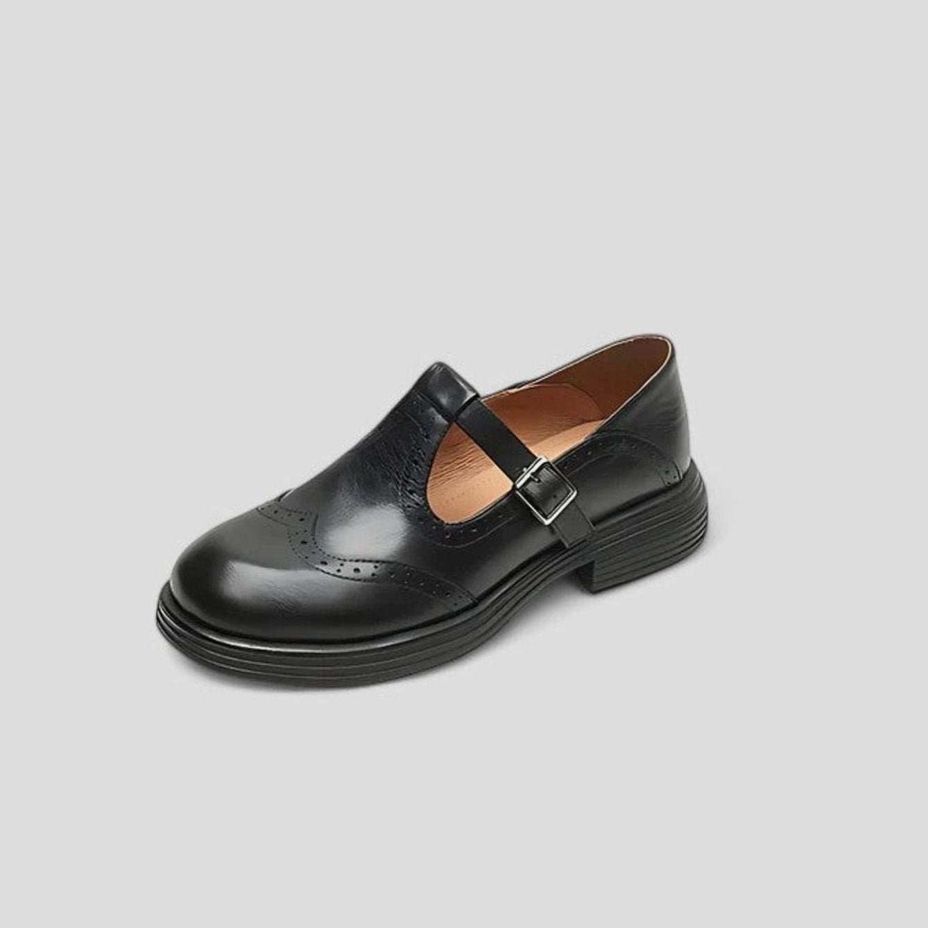 Women's Leather Brogue T-Strap Shoes Buckle Flat